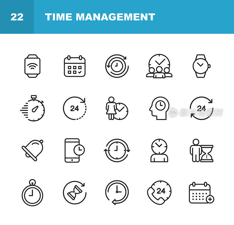 Clock and Time Management Line Icons. Editable Stroke. Pixel Perfect. For Mobile and Web. Contains such icons as Clock, Time, Stopwatch, Management, Calendar.